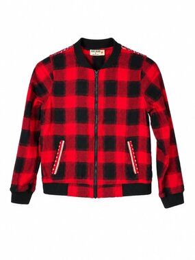 Ruff Hewn Jacket Womens Red Black Buffalo‎ Plaid Embroidered Bomber Size Small S